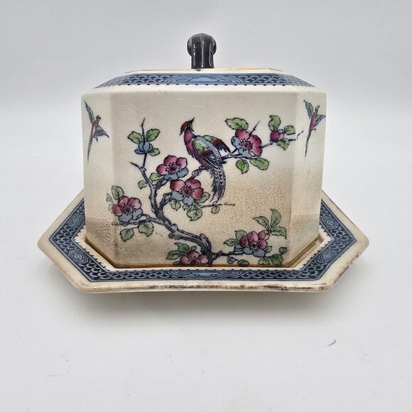 Vintage Ceramic Cheese Dish/ Butter Dish Floral Bird Design Blue Lined England - Picture 3 of 13